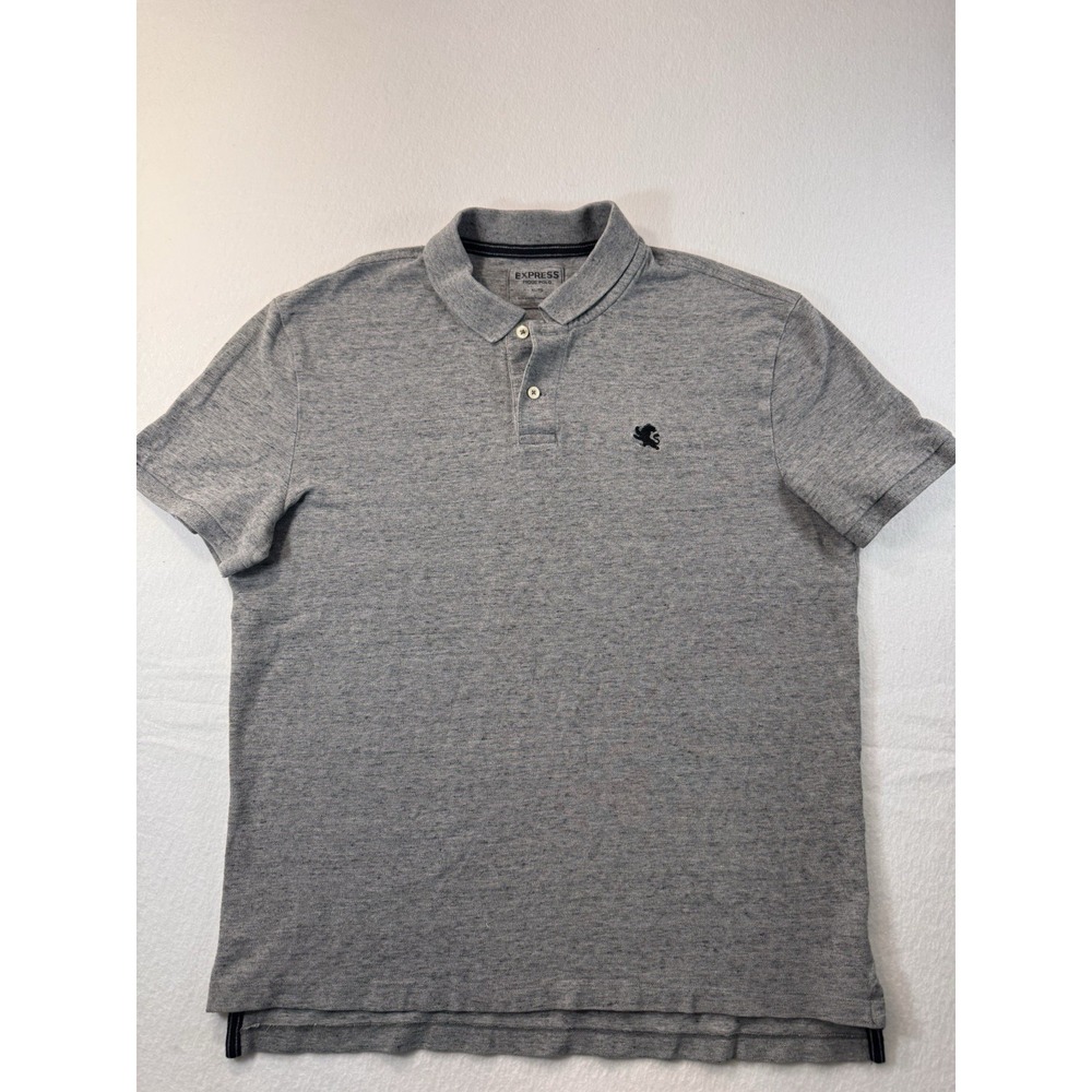 Express Mens Pique Polo XL Gray Short Sleeve Embroidered Lion Casual Preppy